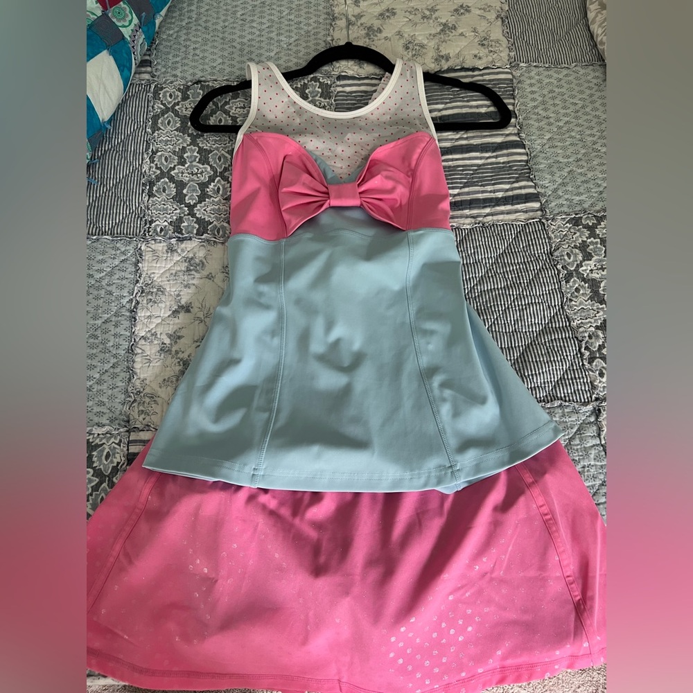 Crowned Athletics Pink and Blue “Lil Bow Doll” top and skirt 2 piece set